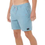 Short de baño celeste con estampado de palmeras y cocos.