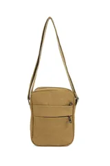 Bandolera verde militar de nylon con correa ajustable, bolsillo frontal con cierre y logo estampado.