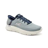 Championes grises Skechers Hands Free Slip-ins Go Walk Flex, con cordones elásticos azules, capellada de malla, logo "S" en el lateral y suela blanca con tecnología Ultra Go y Air Cooled Memory Foam.