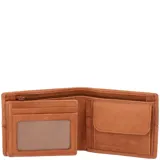 Billetera de cuero color caramelo con costuras a la vista y logo de la marca grabado en la parte inferior.