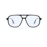 Lentes de sol Vulk modelo The Trial, con armazón negro de aviador y lentes celestes.