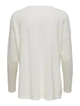 Sweater de tejido de punto color blanco roto, con escote en V y mangas largas. Presenta un calce ajustado y suave.