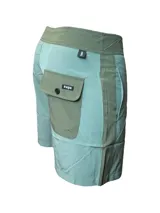 Short de baño azul con cintura gris y cordón ajustable.