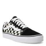 Championes Vans Old Skool unisex, con capellada de gamuza negra en la puntera y talón, laterales de lona con estampado a cuadros blancos y negros, y la clásica sidestripe blanca de cuero en los laterales. Suela de goma blanca con detalle de línea negra.