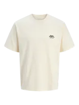 Camiseta color crema de manga corta y cuello redondo con estampado abstracto en la espalda.