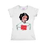 Remera blanca entallada de algodón con estampado de la Princesa Leia con maquillaje de David Bowie y la frase "Rebel Rebel".