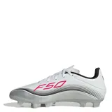 Championes de fútbol Adidas F50 Messi Club FG, unisex, color blanco con detalles en rojo, negro y plateado.