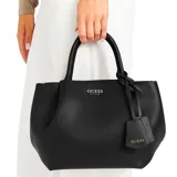 Bolso de mano tipo satchel Guess Amorette, color negro con textura granulada. Presenta asas superiores y una correa ajustable y removible para llevar al hombro o cruzado. Incluye dos dijes colgantes decorativos con el logo de la marca.
