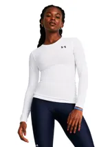 Remera blanca de manga larga Under Armour HeatGear Compression, con logo negro en el pecho y calce ajustado.