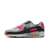 Championes Nike Air Max 90, color gris con detalles en negro, rosa y naranja.