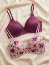 Pack de 2 soutiens color borgoña con encaje, sin aro y copa formada, marca Jessica Simpson. Breteles fijos de largo regulable. Abrocha detrás en tres posiciones.