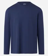 Remera deportiva de manga larga color azul marino, con cuello redondo y detalles reflectantes en franjas verticales en la parte superior del brazo.