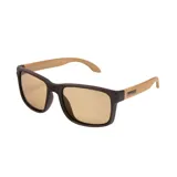 Lentes de sol MDQ Morea con marco marrón y patillas color madera. Lentes fotocromáticos color caramelo.