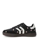 Championes negros de cuero sintético con bordado de flores rosadas y detalles en blanco.