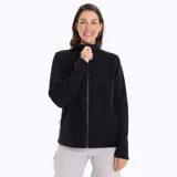 Campera polar negra de microfleece reciclado, con cierre frontal completo, cuello alto y bolsillos laterales abiertos.