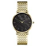 Reloj Rosefield con caja dorada, esfera negra con textura y pulsera de eslabones dorados.