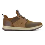 Zapato casual Skechers Delson Axton color marrón, tipo oxford deportivo con cordones, capellada de cuero liso con detalle de malla, plantilla Air Cooled Memory Foam y media suela flexible.