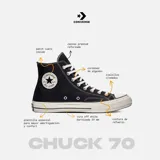 Championes de lona negros, de caña alta, con cordones blancos y suela de goma blanca. Presentan el logo de Converse All Star en el lateral interno.