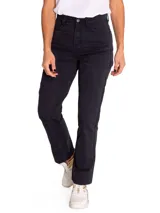 Pantalón negro de corte recto con bolsillos frontales y traseros.