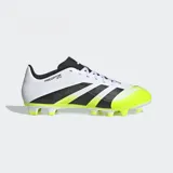 Championes de fútbol Adidas Predator Club FG/MG, color blanco con detalles en negro y amarillo neón. Presentan tres tiras negras en los laterales y suela con tapones para múltiples superficies.