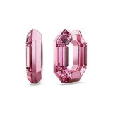 Par de aros pequeños de cristal facetado color rosa, con forma octogonal y cierre de pasador con bisagra.