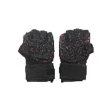 Par de guantes negros con detalles en rojo, sin dedos y con muñequera ajustable con velcro.