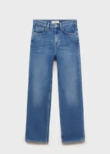 Pantalón de jean azul de corte recto, tiro medio y cinco bolsillos.