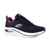 Championes deportivos Skechers Skech-Air Meta, color negro con detalles en fucsia y suela blanca. Capellada de malla transpirable, plantilla Air-Cooled Memory Foam y entresuela con cámara de aire Skech-Air visible.