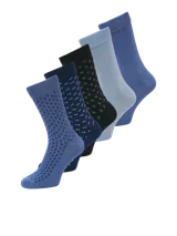 Medias azules con diseño de cruces negras y logo de la marca Jack & Jones en blanco.