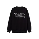 Buzo negro de algodón y poliéster con cuello redondo, puños y cintura acanalados. Estampado frontal con el logo de la marca Insane en letras góticas blancas y la frase "Directly from darkness".