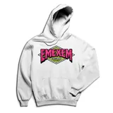 Canguro blanco de algodón con capucha y bolsillo delantero. Estampado frontal con el logo de la marca "Emexem" en letras rosas con borde negro sobre un rombo verde.