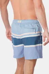 Short de baño celeste con rayas horizontales en azul, blanco y rosa.