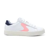 Championes Skechers Eden LX Top Grade, color blanco con detalles en rosa y azul marino. Confeccionados en cuero sintético, con cordones y plantilla acolchada Skechers Air-Cooled Memory Foam.