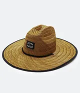 Sombrero de paja color beige con ala ancha y cordón ajustable negro.