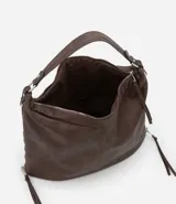 Bolso hobo grande desestructurado de PU color negro, con correa de mano, correa larga desmontable, cierre lateral ajustable con tiradores y cierre superior.
