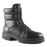 Bota de cuero negra con caña media acolchada, cordones y suela track.