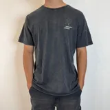 Remera gris con efecto gastado, corte clásico y estampa en la espalda con la frase "The Green House" y un dibujo de una planta oreja de elefante.