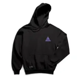 Canguro negro con capucha y bolsillo delantero. Estampado pequeño en el pecho con un triángulo que contiene la palabra "Pixel" y una luna creciente.