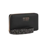 Billetera Guess Easley negra con cierre de cremallera, logo de la marca en dorado y correa de muñeca con estampado del logo de la marca.