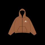 Hoodie marrón con cierre frontal, corte boxy, capucha y bolsillo tipo canguro. Estampado con el logo de la marca Guze Studio en el pecho.