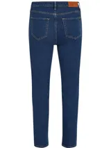 Jean azul de denim elástico de algodón, corte ajustado, talle alto, pierna recta y largo tobillero.