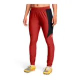 Pantalón deportivo Under Armour Challenger Pro para mujer, color rojo con paneles laterales en negro y logo blanco.