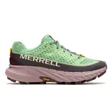 Championes de trail running Merrell Agility Peak 5, color verde claro con detalles en marrón y suela color lavanda.
