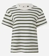 Remera de algodón a rayas horizontales azules y blancas, de manga corta y cuello redondo.