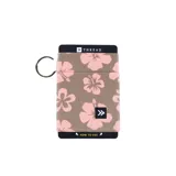 Billetera elástica color marrón con estampado de flores rosas, marca Thread.