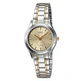Reloj Casio para mujer, modelo LTP1275SG-9ADF, con caja y brazalete de acero inoxidable plateado y dorado, y esfera dorada de 24mm.