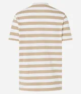 Remera de algodón con poliéster a rayas horizontales color beige y blanco, con cuello redondo y mangas cortas. Estampado frontal con lettering en color rosa.