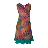 Vestido corto sin mangas, con escote en V y corte evasé, confeccionado en micro tul con un estampado geométrico y abstracto multicolor. Presenta un ruedo con un volante de tela lisa de color turquesa.