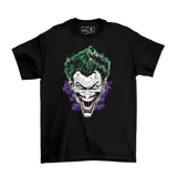 Remera negra con estampado del rostro del Joker con pelo verde y la leyenda 'HAHA' en color violeta.