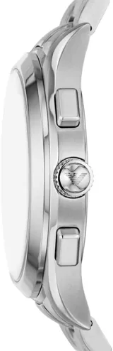 Reloj Emporio Armani modelo AR11528 para hombre, con caja de acero inoxidable plateado de 42mm y esfera azul con acabado sunray. Cuenta con subesferas de cronógrafo, ventana de fecha a las 3 en punto, manecillas e índices luminosos y resistencia al agua de 5 ATM.